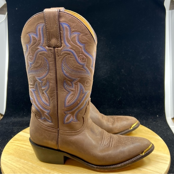Nocona Brown/Pink/Blue Leather Western Cowgirl Boots Women's Size 7B - Picture 4 of 9